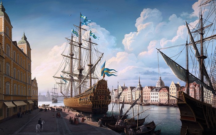 Painting of a historic harbor with sailing ships and buildings