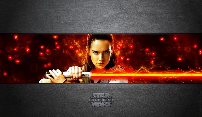 Rey from Star Wars holding a red lightsaber