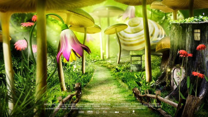 Enchanted Forest Pathway with Giant Flowers and Snail