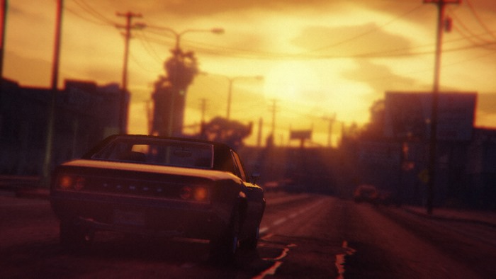 Car driving on a street in Grand Theft Auto V at sunset