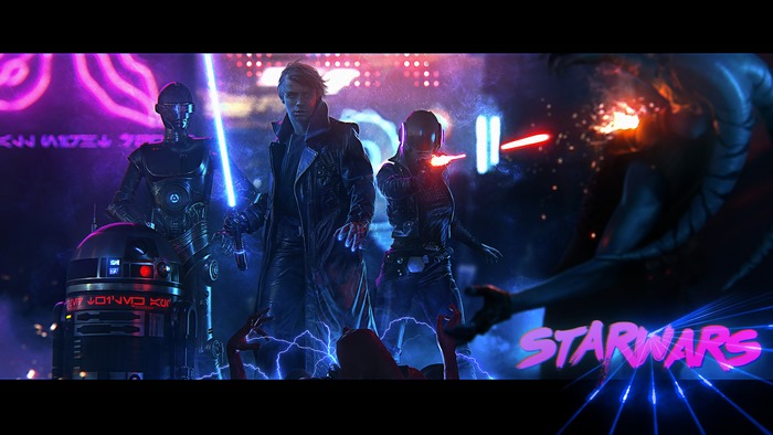 Star Wars characters in a cyberpunk setting