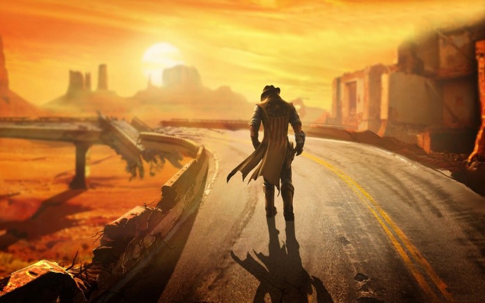 The Courier from Fallout: New Vegas on a desolate road
