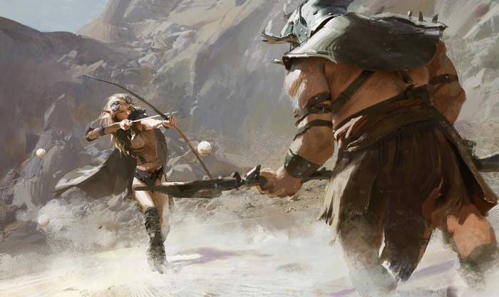 Elf archer fighting a giant in a rocky landscape