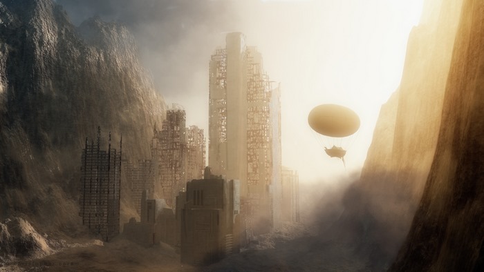 Ruined city with mountains and a dirigible