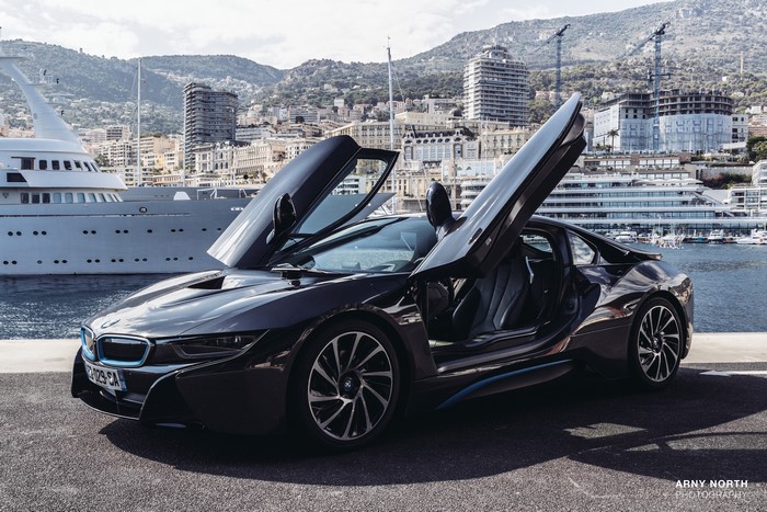 Black BMW i8 Sports Car with Butterfly Doors in Monaco