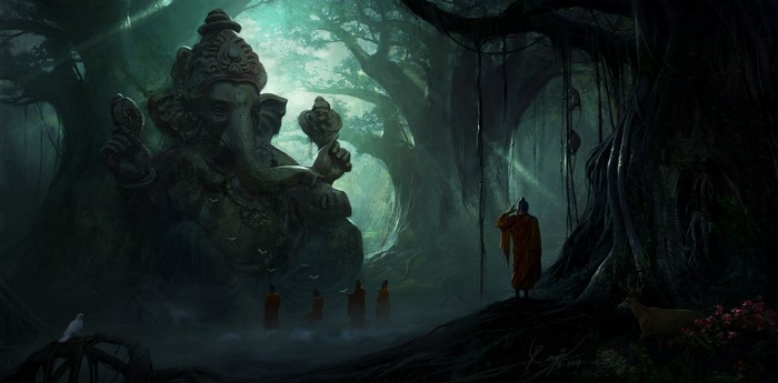 Monks and Ganesha statue in a misty forest with a deer