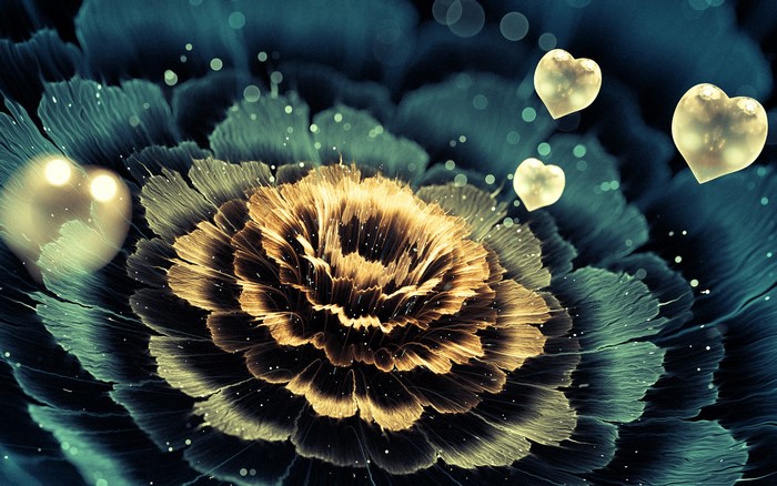 Fractal flower with hearts and bokeh