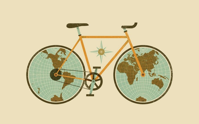 Bicycle with globe wheels and compass