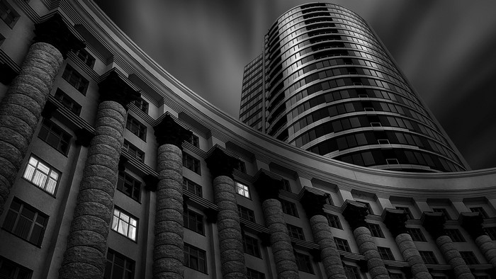 Monochrome architecture of modern buildings with columns