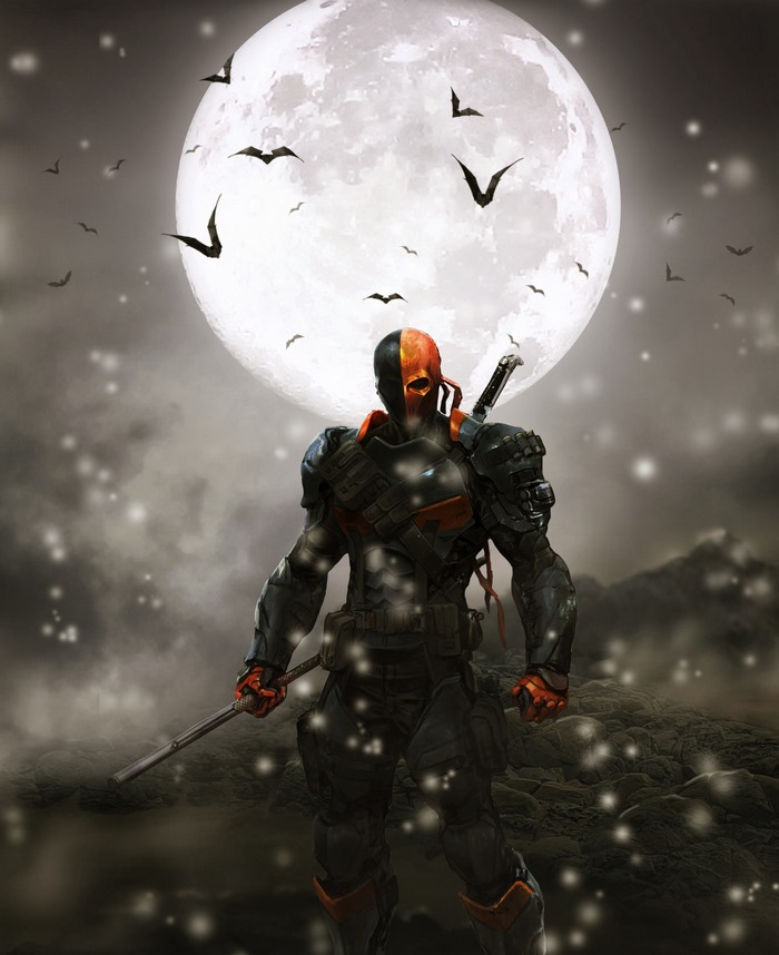 Deathstroke from DC Comics in front of a full moon