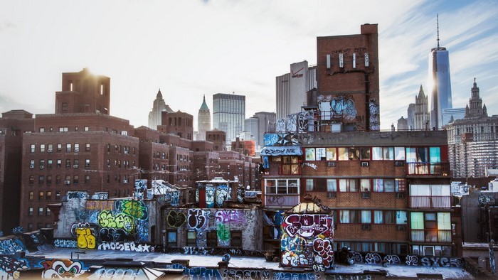Graffiti-covered buildings in Manhattan, New York City skyline