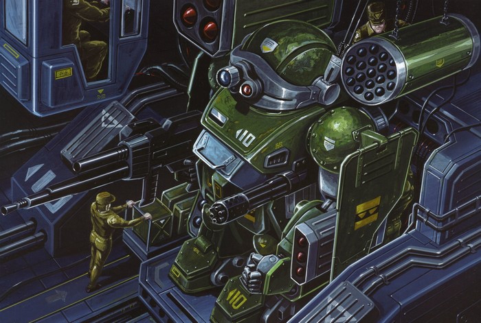 Artwork of a green mech with soldiers