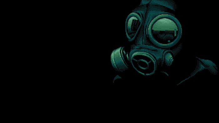 Person wearing a gas mask in pixel art