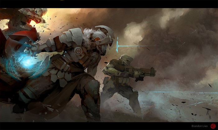 Science fiction warriors in battle