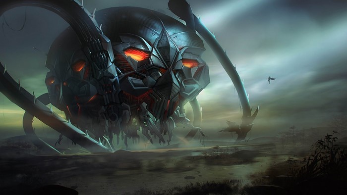 Giant mechanical spider-like robot in a desolate landscape