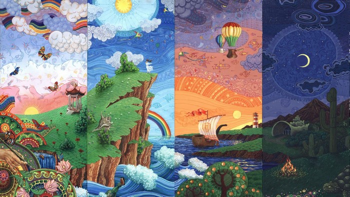Four Seasons Landscape with Hot Air Balloons and Ship