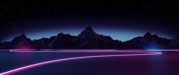 Neon mountains and road under starry sky