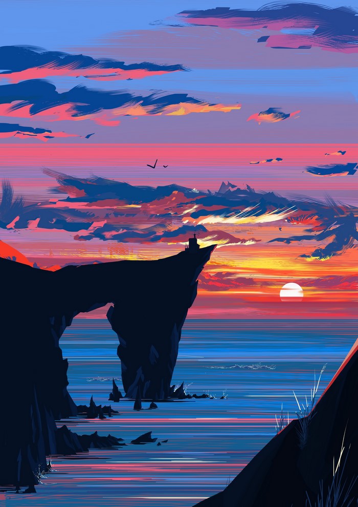Sunset over the ocean with cliffs