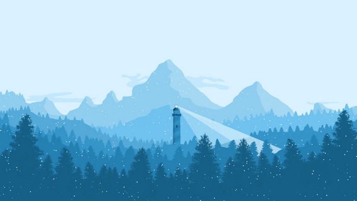 Winter mountain landscape with lighthouse