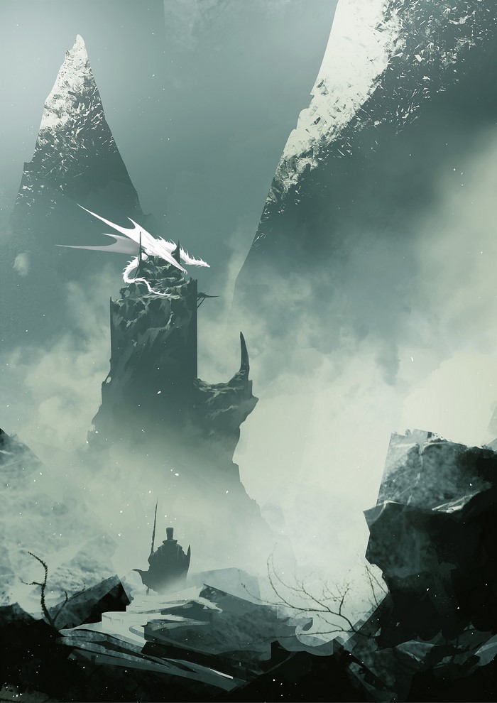 White dragon on a tower with a knight in a mountain landscape