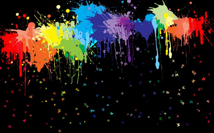 Colorful paint splatters and butterflies on black