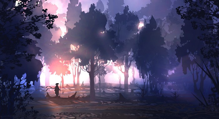 Digital art of a figure in a misty forest