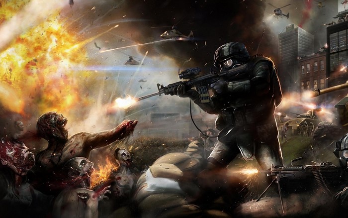 Soldier fighting zombies in a city