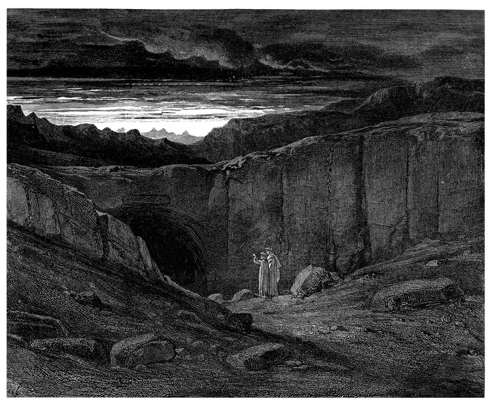 Dante and Virgil at the edge of a chasm
