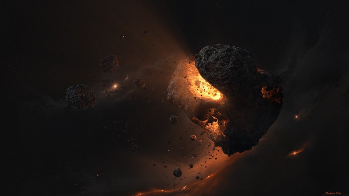 Asteroid with glowing interior in space