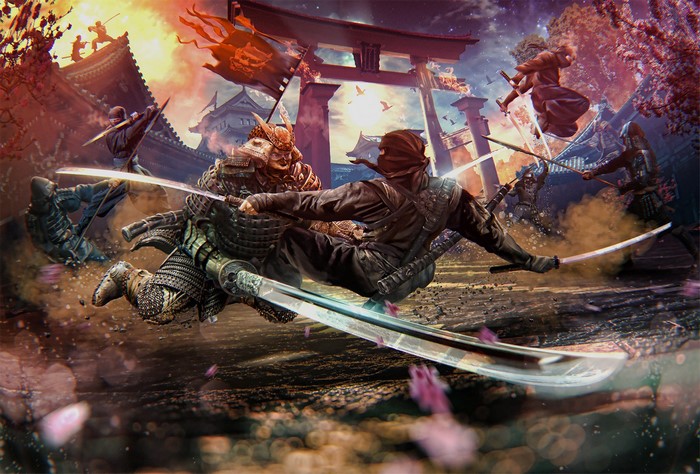 Samurai and ninjas in a fierce battle with swords