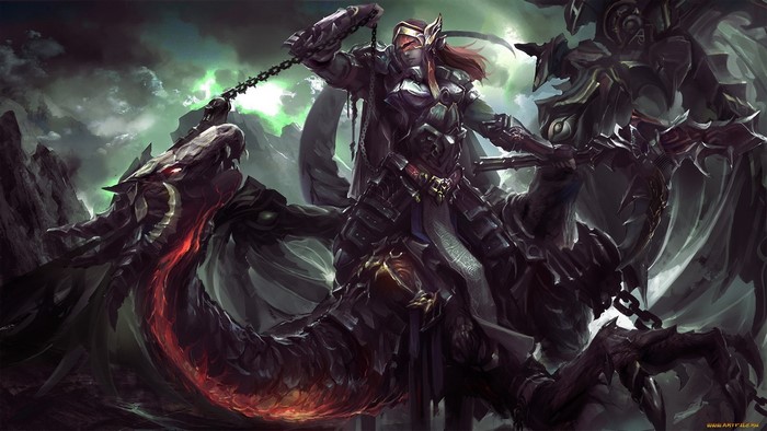 Warrior riding a dragon with chains