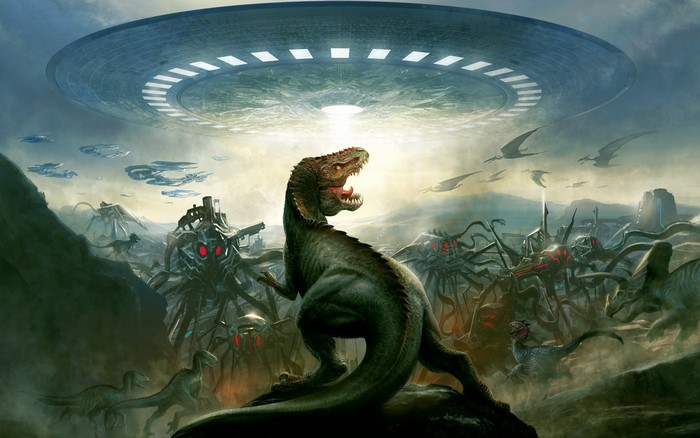 Dinosaurs and aliens battle under a UFO