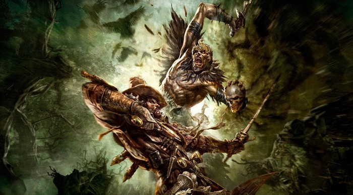 Fantasy art of a pirate fighting a monster