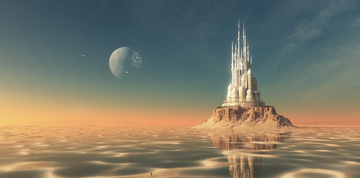 Futuristic palace on a desert planet with a moon