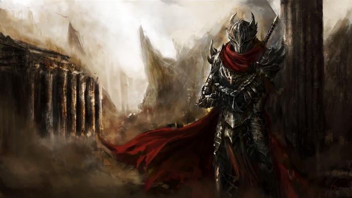 Warrior in armor with red cloak in ruins