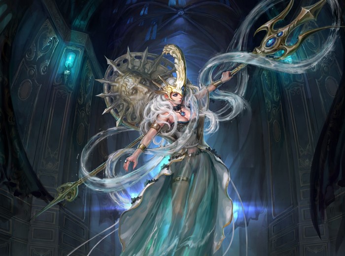 Fantasy woman with trident in ornate hall