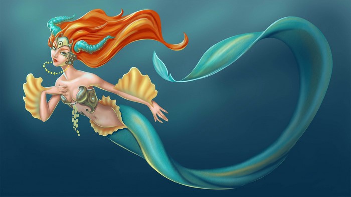 Fantasy art of a mermaid with orange hair and blue tail