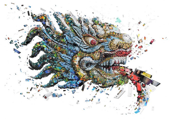 Chinese dragon made of cellphones and electronics