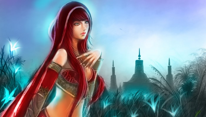 Fantasy art of a woman with long red hair and a hood