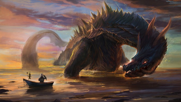 Lagiacrus from Monster Hunter fishing at sunset