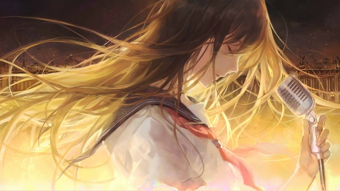 Anime girl singing into a vintage microphone