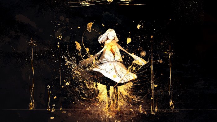 Anime girl with white hair and golden splashes