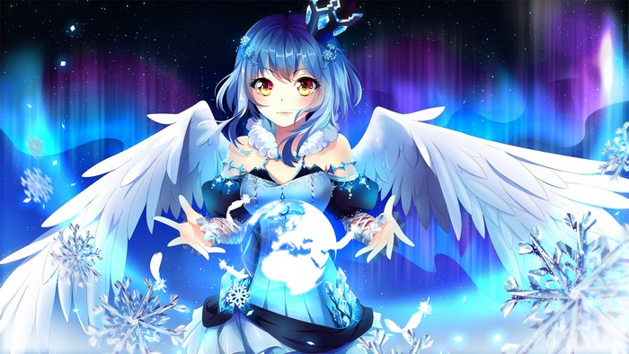 Anime girl with blue hair and wings holding a globe