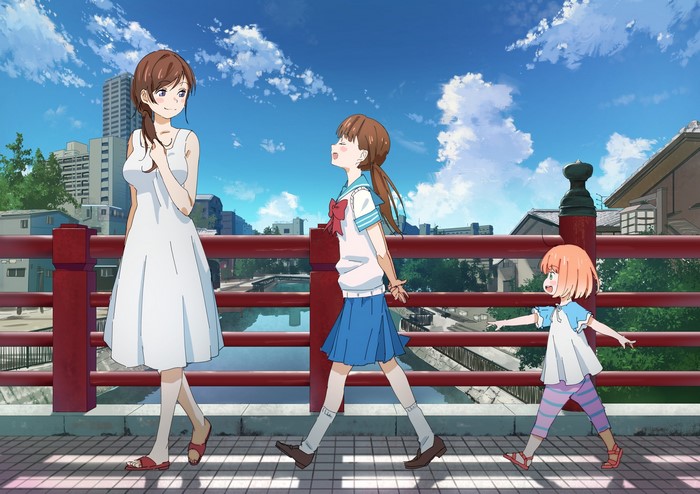 Three Kawamoto sisters from 3-gatsu no Lion walk on a bridge