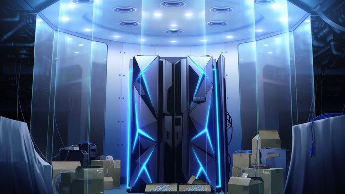 Futuristic Server Room with Glass Enclosure and Boxes