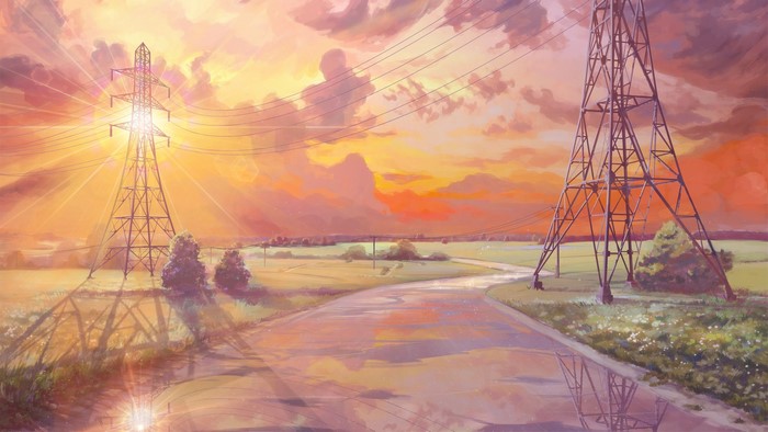 Sunrise Over Quiet Road with Utility Poles