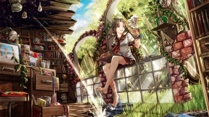 Anime girl in school uniform with bird in ruined library