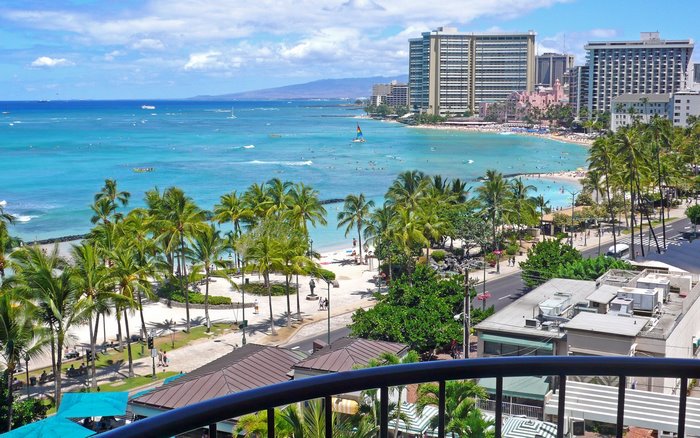 Waikiki Beach, Honolulu, Hawaii with Palm Trees and Hotels