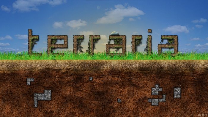 Terraria game logo with grass and underground view