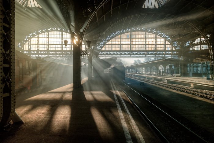 Sun rays in a train station in St. Petersburg, Russia
